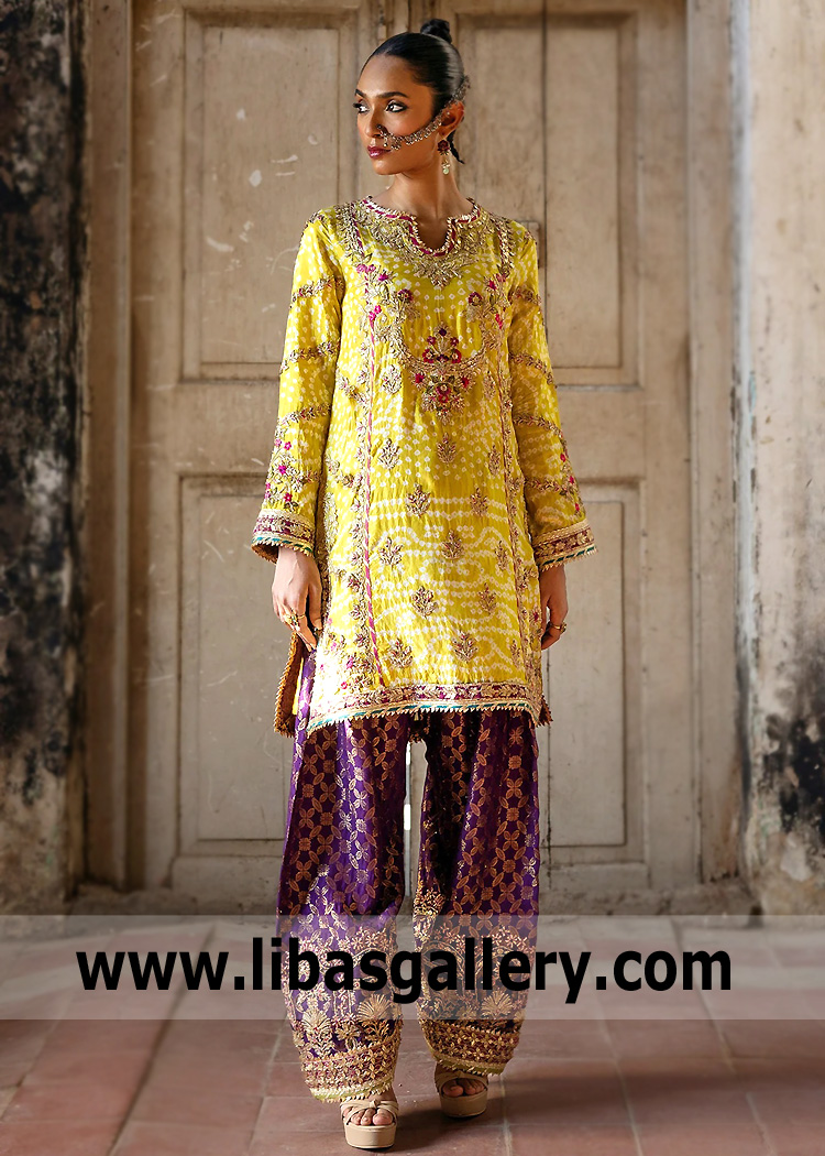 Yellow Sunshine Byzantium Farshi Shalwar For Mehndi Mayun