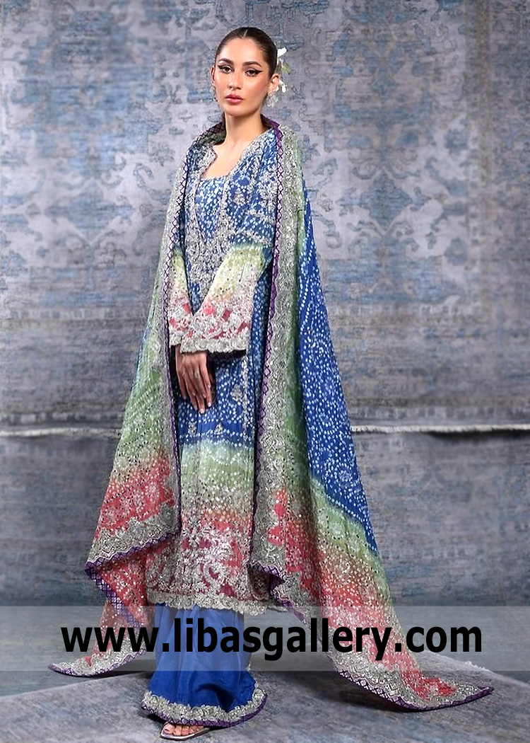 Steel Blue Zenobia Long Chunri Shirt With Trousers Suit