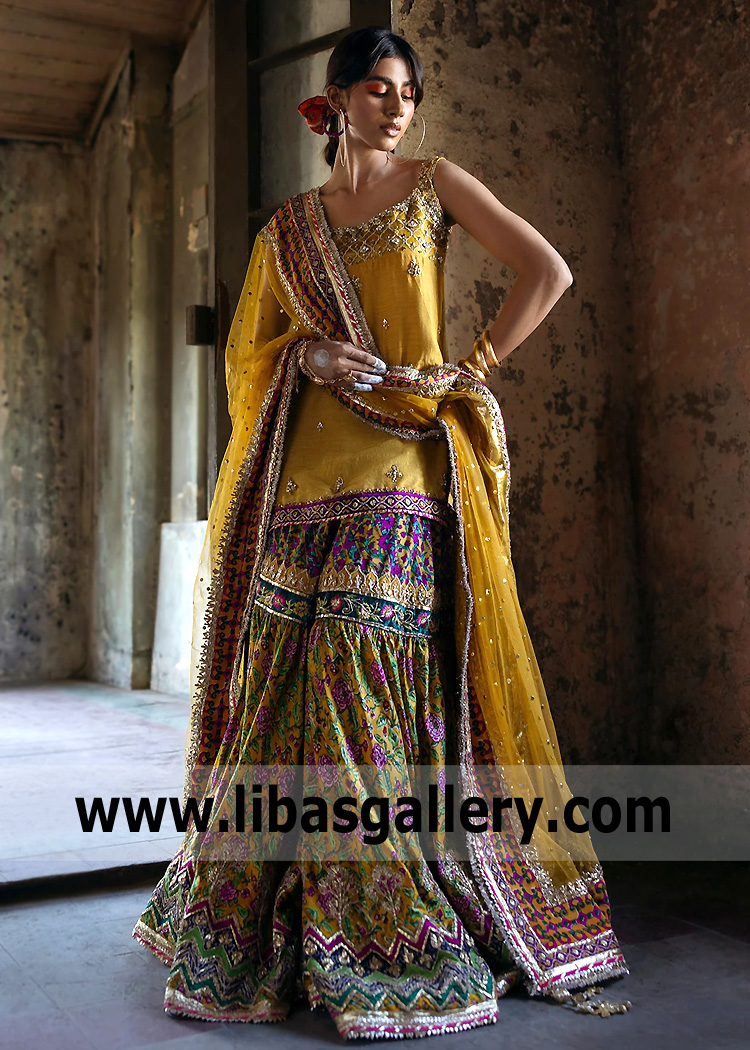 Harvest gold Forsythia Gharara for Mehndi Mayun