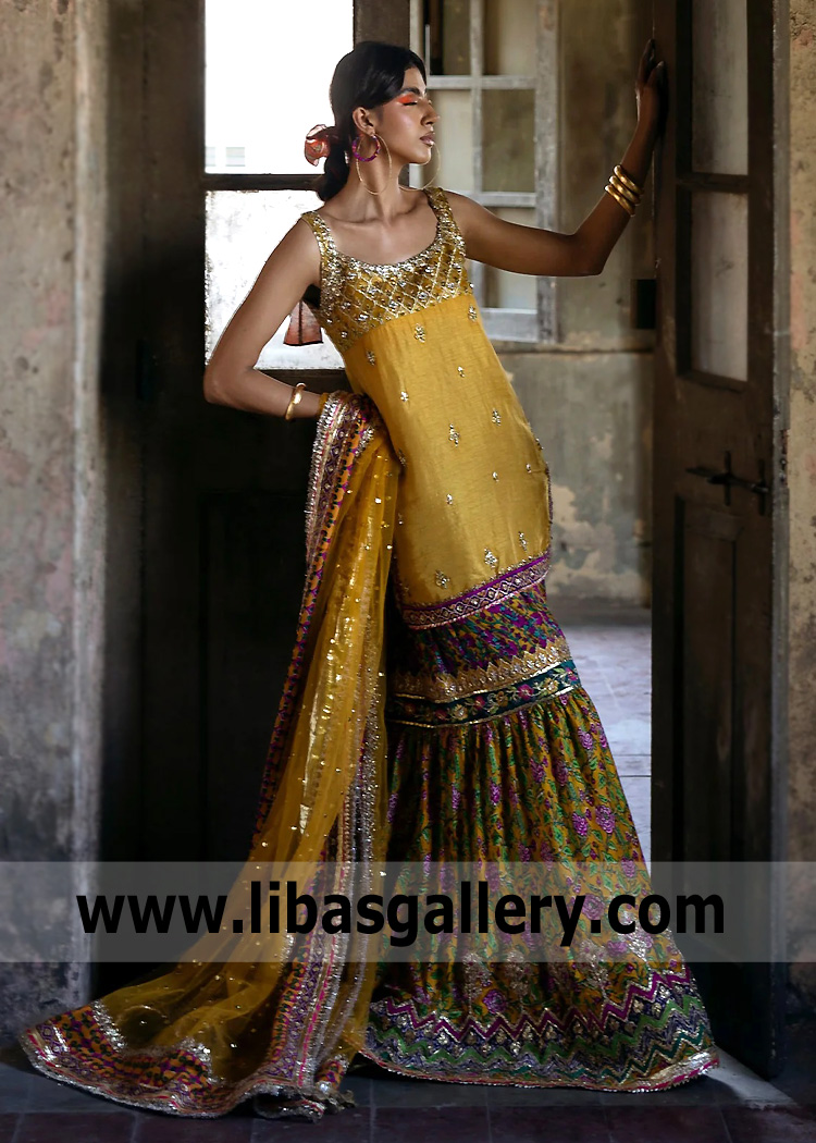 Harvest gold Forsythia Gharara for Mehndi Mayun