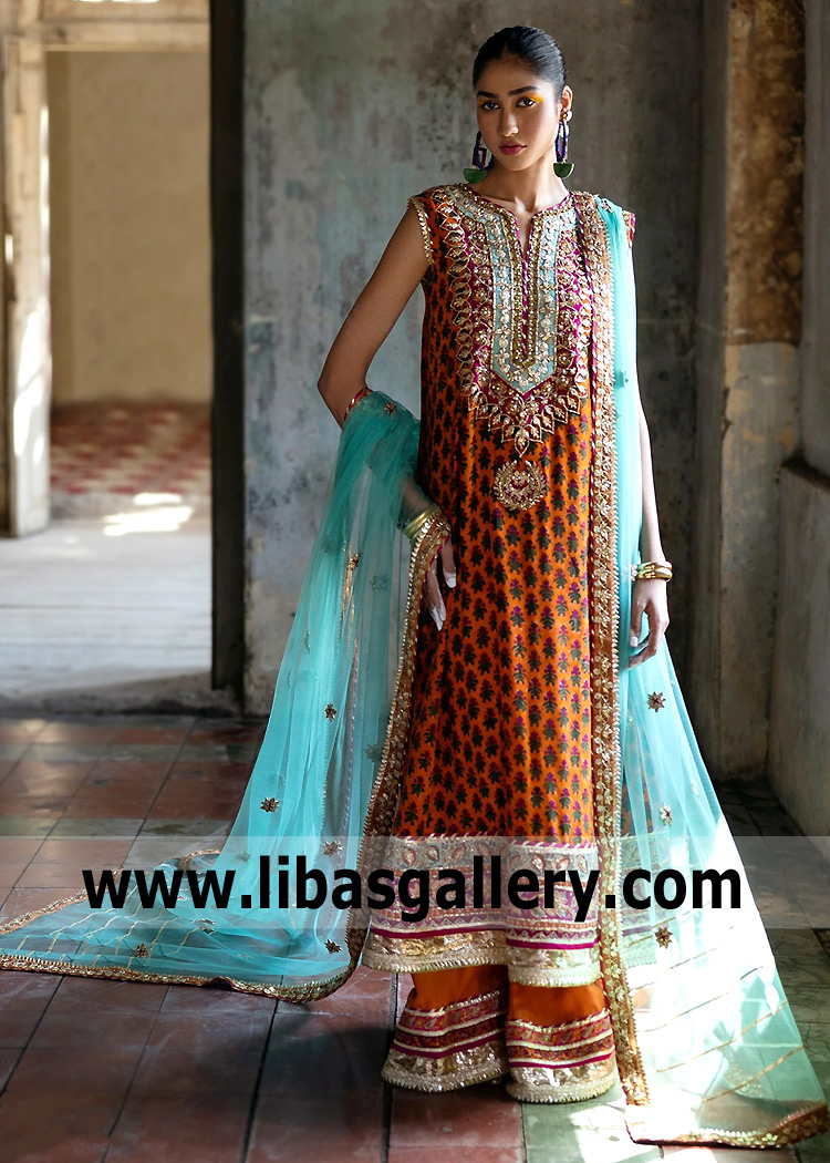 Aerospace Orange Scilla Formal Long Shirt and Sharara Pants