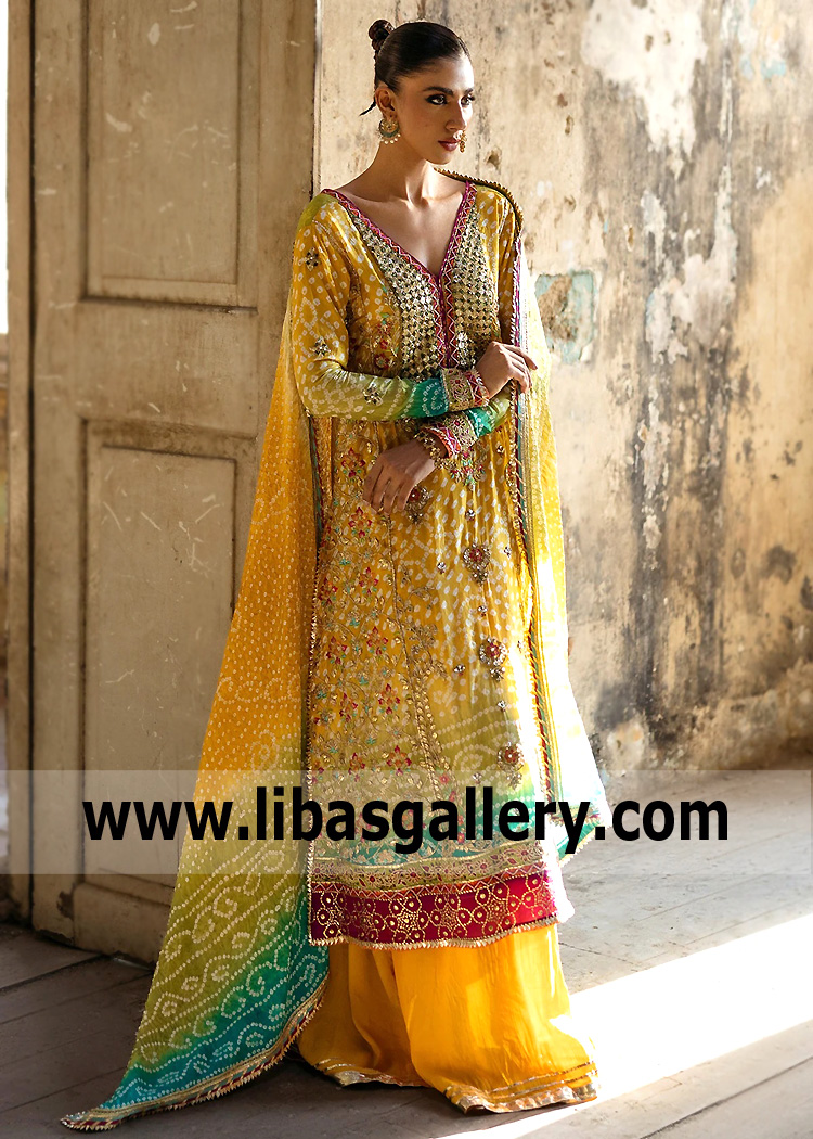 Mikado Yellow Marigold A-line Kameez and Sharara
