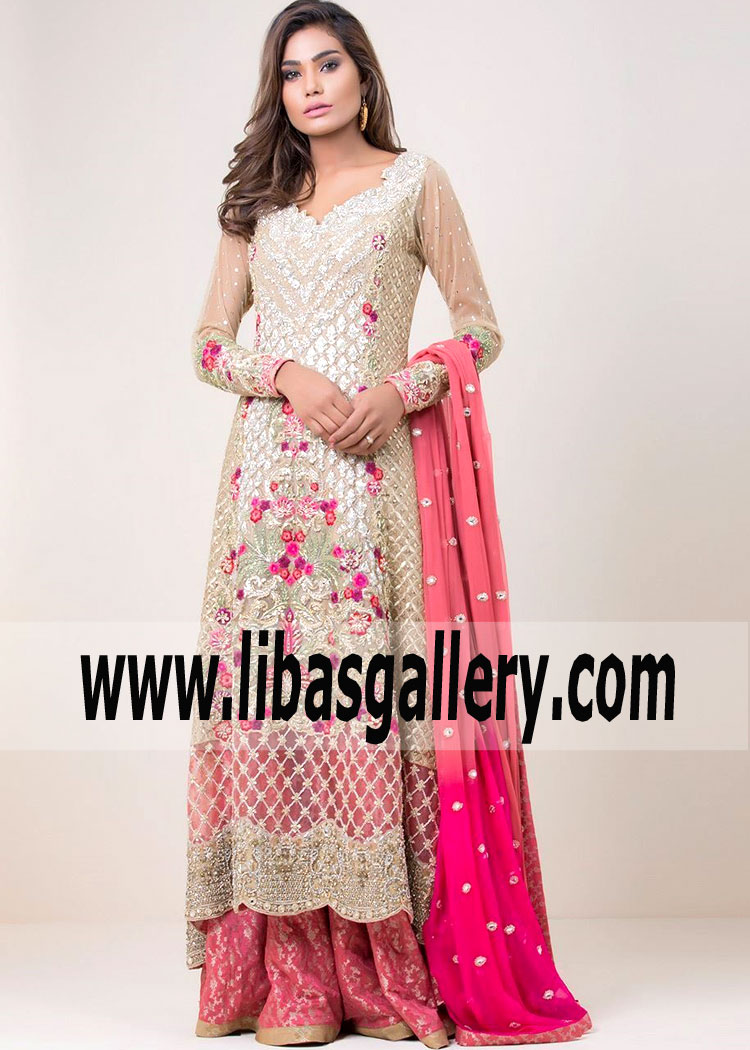 Beautiful Beige Gold Mantle Anarkali