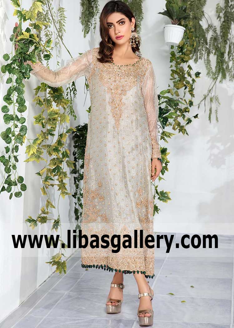 Stylish Silver Evening Dress with Beautiful Mukesh Dupatta for Party and Formal Occasions