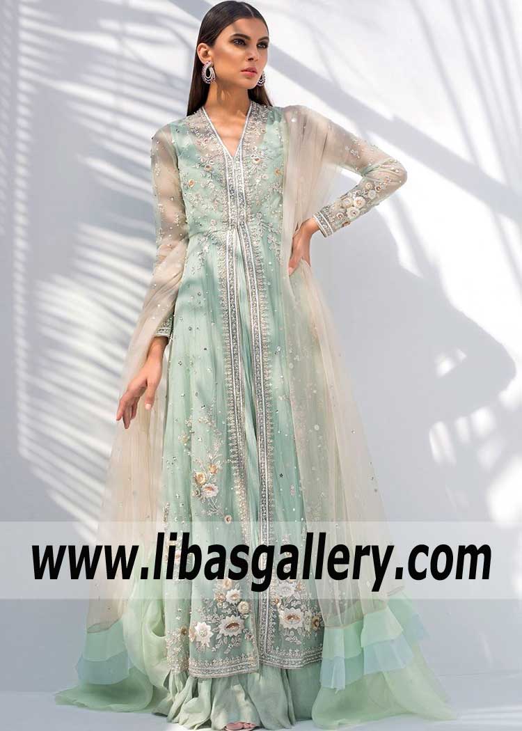Enthralling Pale Mint Evening Peshwas Perfect for Bridesmaids and Special Events