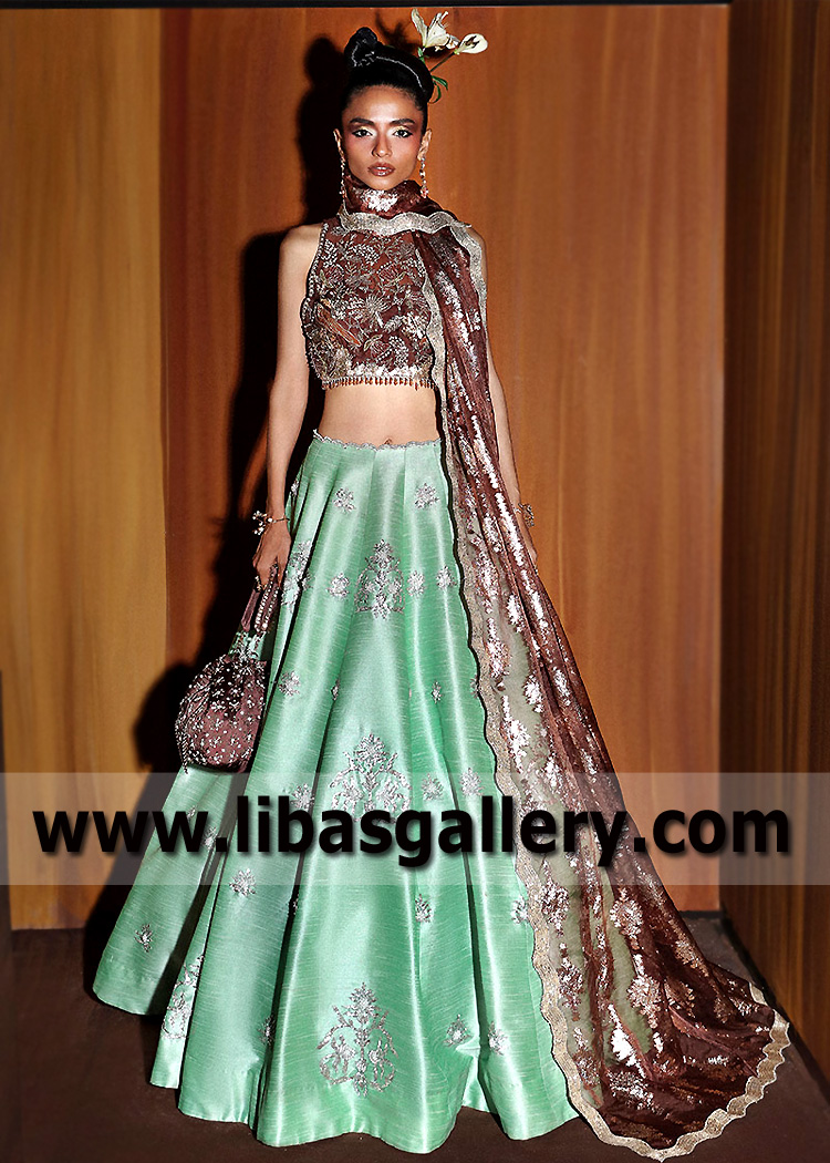 Caput Mortuum Phosphophyllite Choli with Aquamarine Lehenga