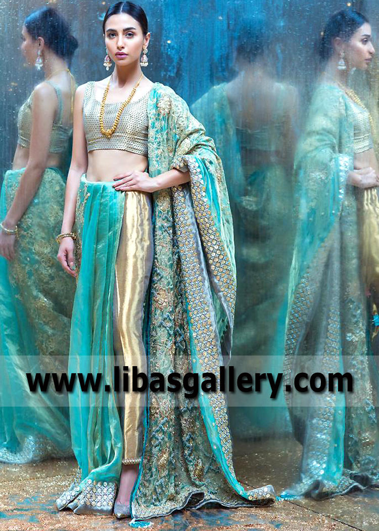 Gold and Turquoise Rosasite Saree Pants