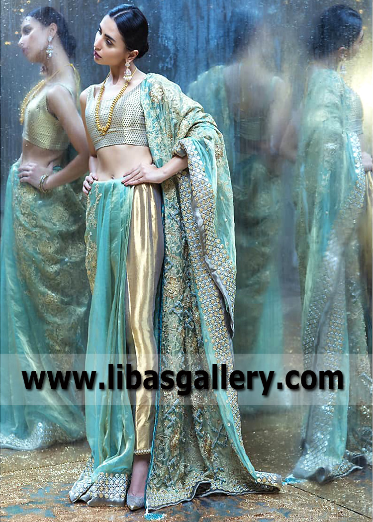 Gold and Turquoise Rosasite Saree Pants