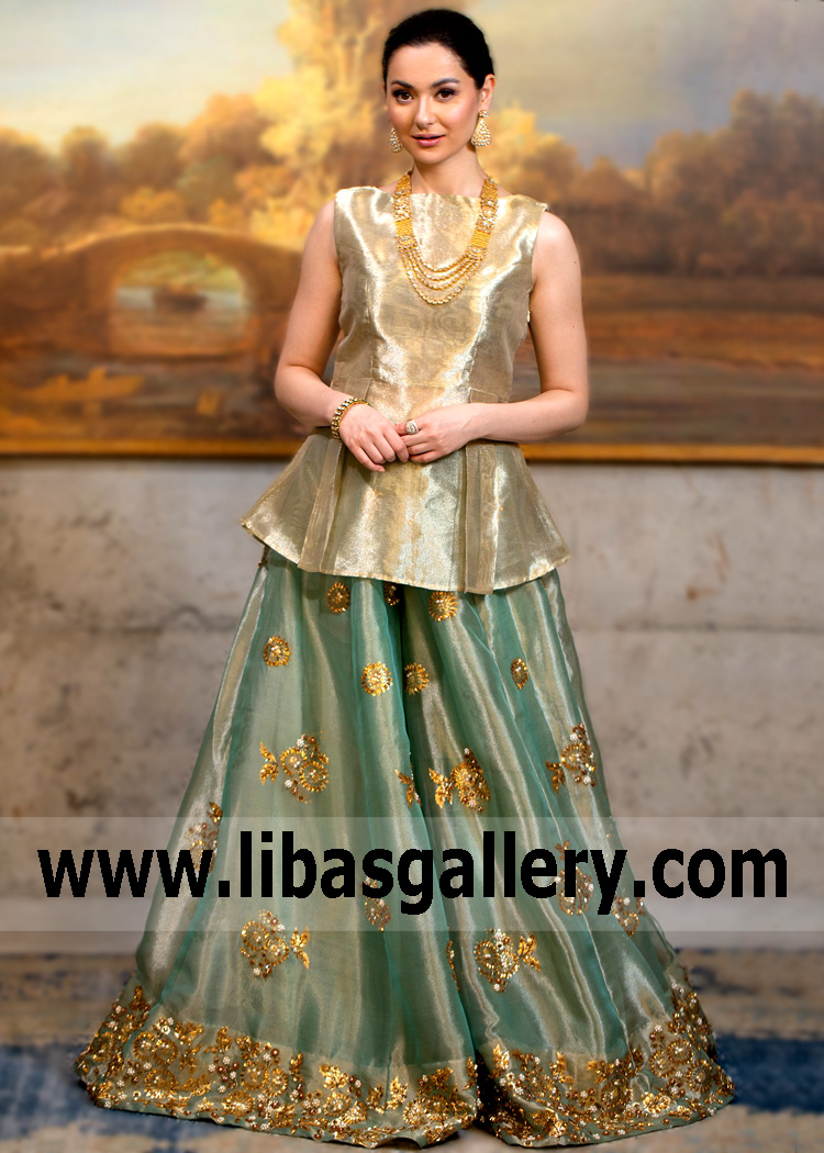 Gold Peplum With Sharara Oxford England UK Indian Pakistani Trendy Designer Boutiques Party Dresses