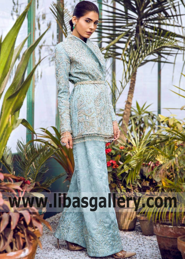 Pale Aqua Spirea Embroidered Blazer Trouser Suit