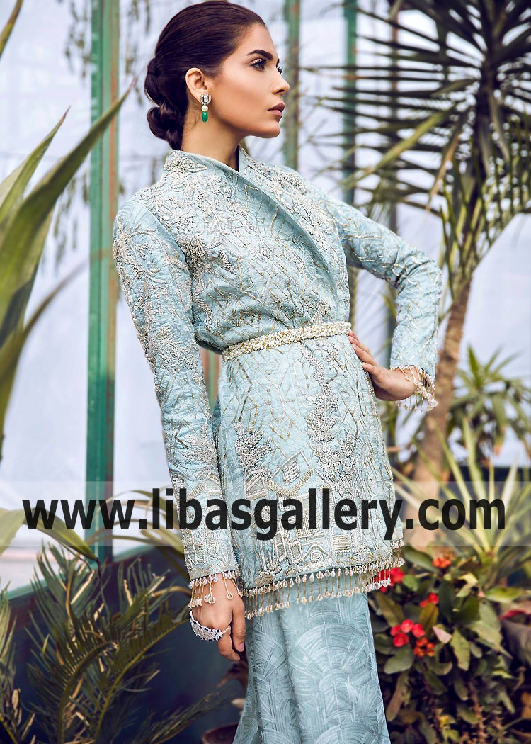 Pale Aqua Spirea Embroidered Blazer Trouser Suit