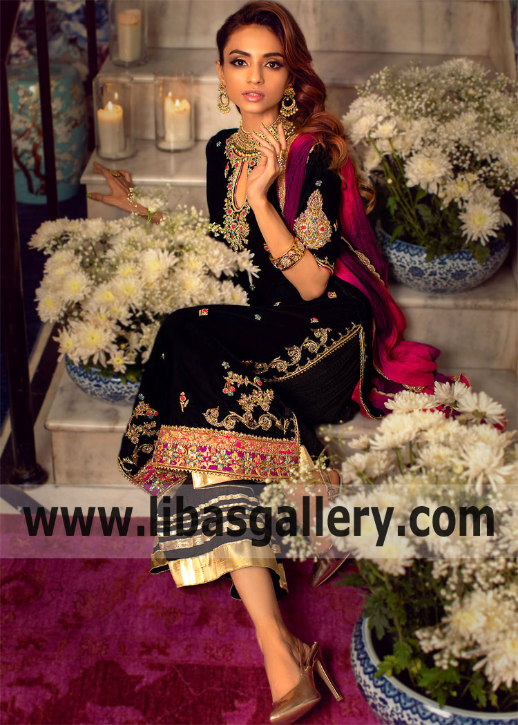 Black Iris Embellished Party Wear Velvet Dress