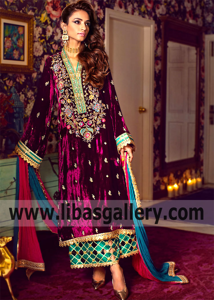 Purple Fleur Party Wear Velvet Dress