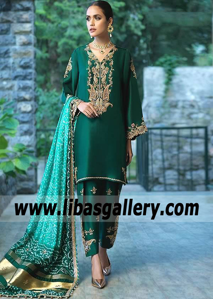 Teal Tengiz Party Dress with Silk Bandhani Dupatta