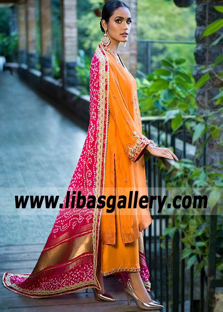 Tangerine Arwen Party Dress with Bandhani Dupatta
