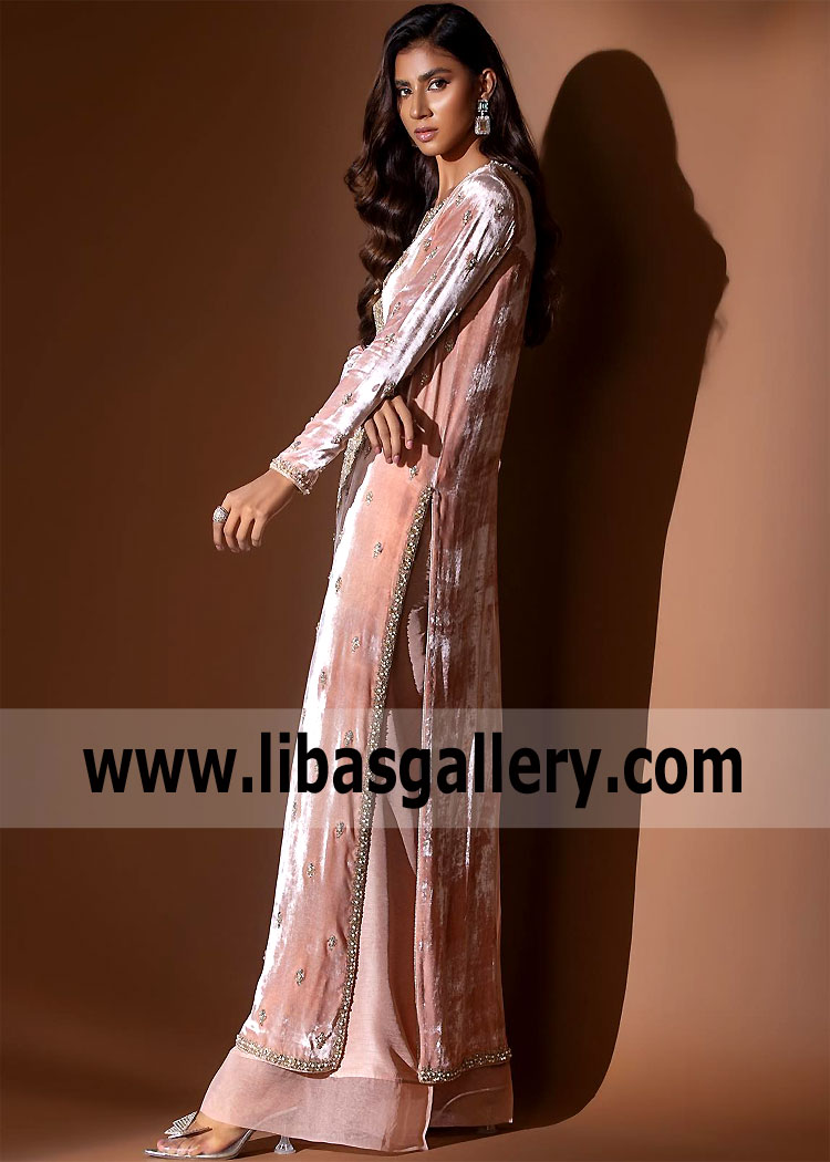 Peach Silene Party Wear Velvet Suit