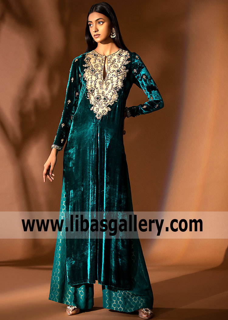 Midnight Green Velvet Party Wear Hamtramck Michigan USA Pakistani Velvet Dresses
