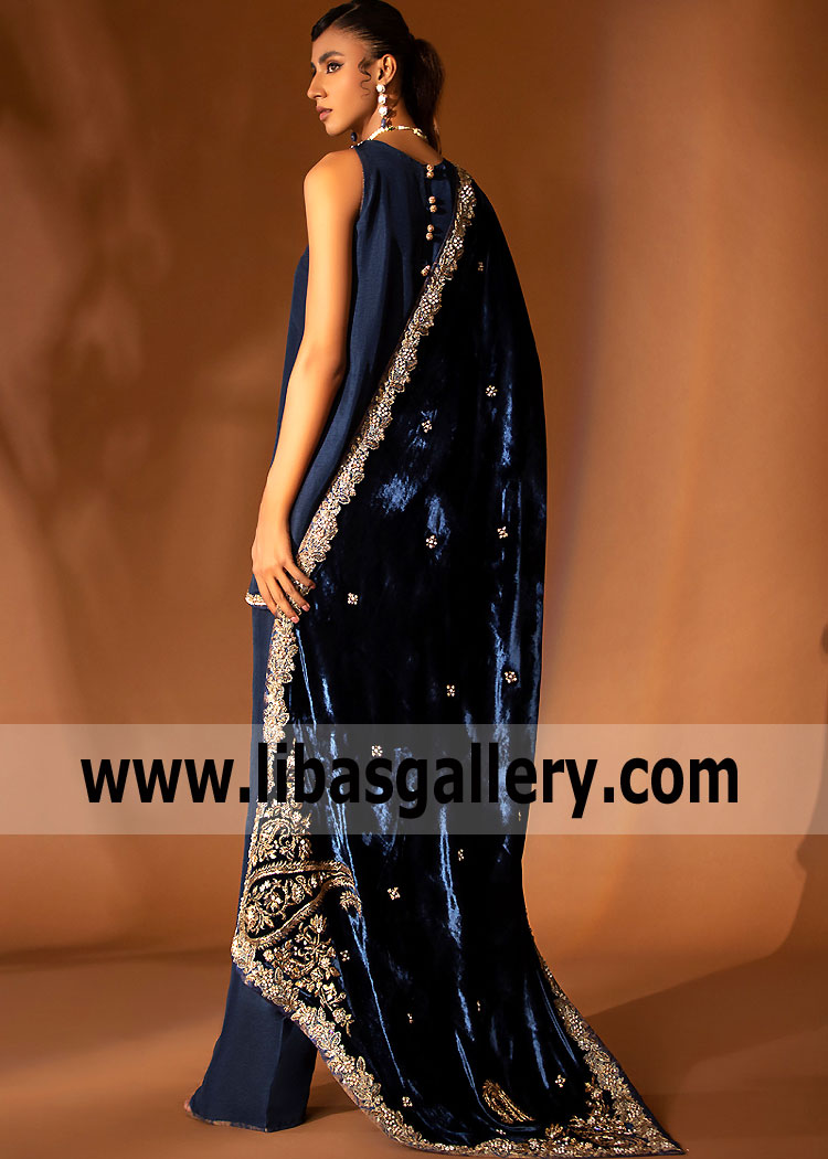 Navy Blue Agave Party Wear Velvet Dress