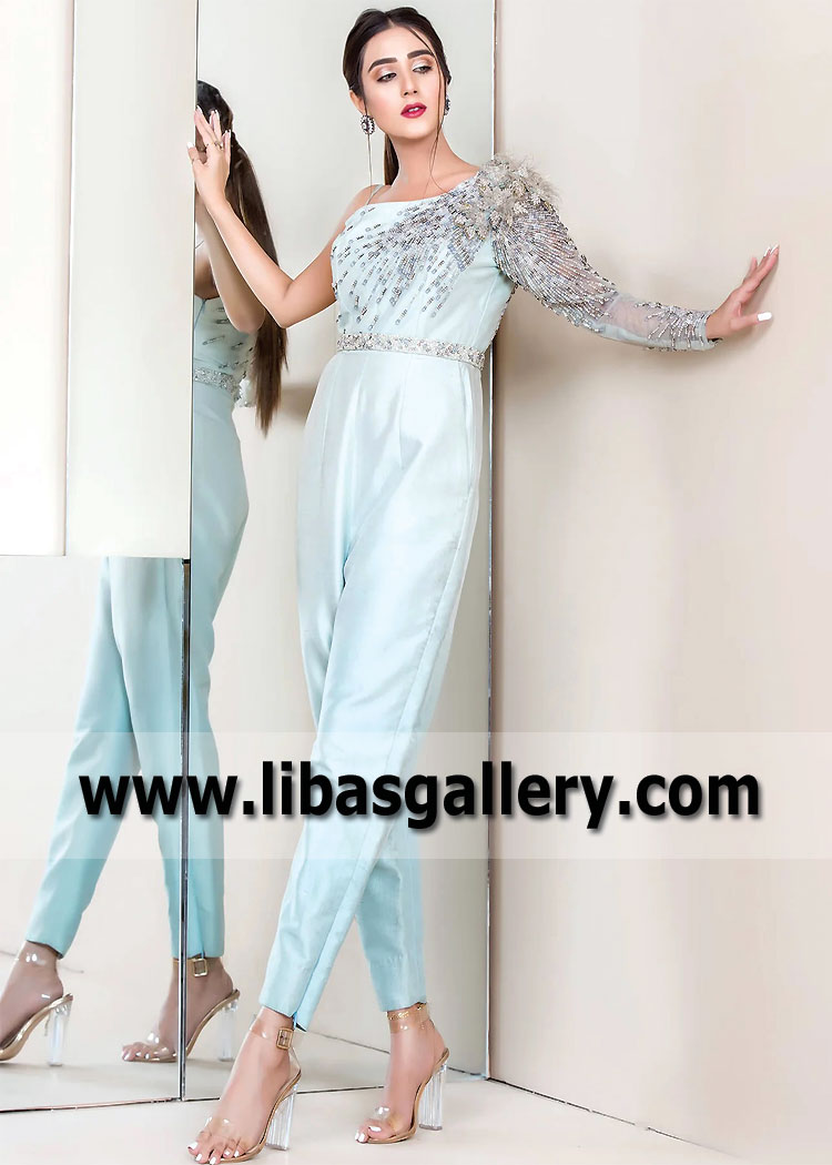 Beau Blue Hydrangea One-Shoulder Jumpsuit for Parties and Special Events