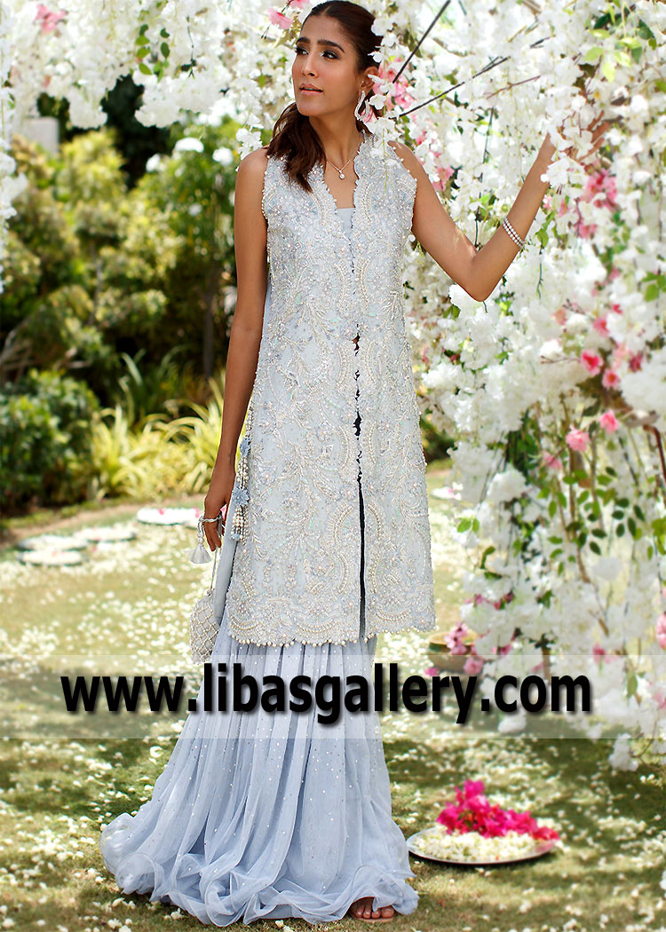 Pale Periwinkle Tulipa Jacket With Flared Gharara