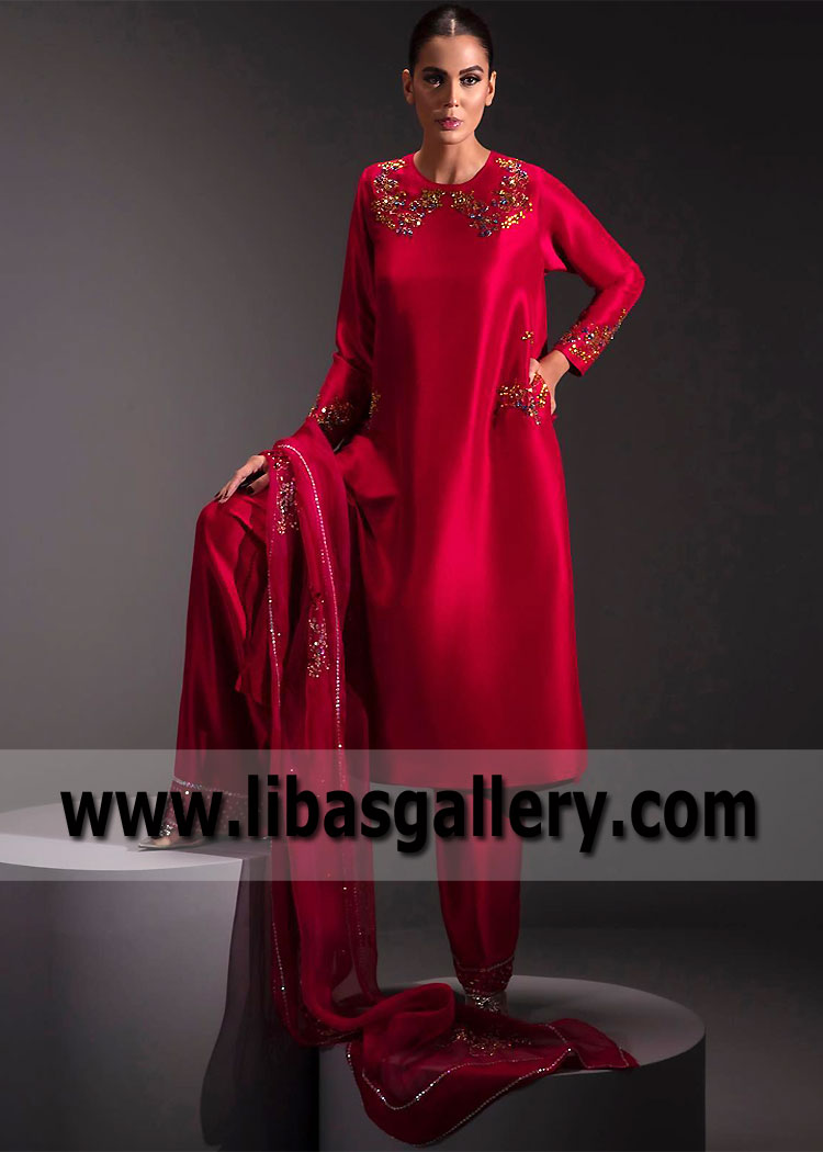 Fiery Red Lily Party Wear Shalwar kameez