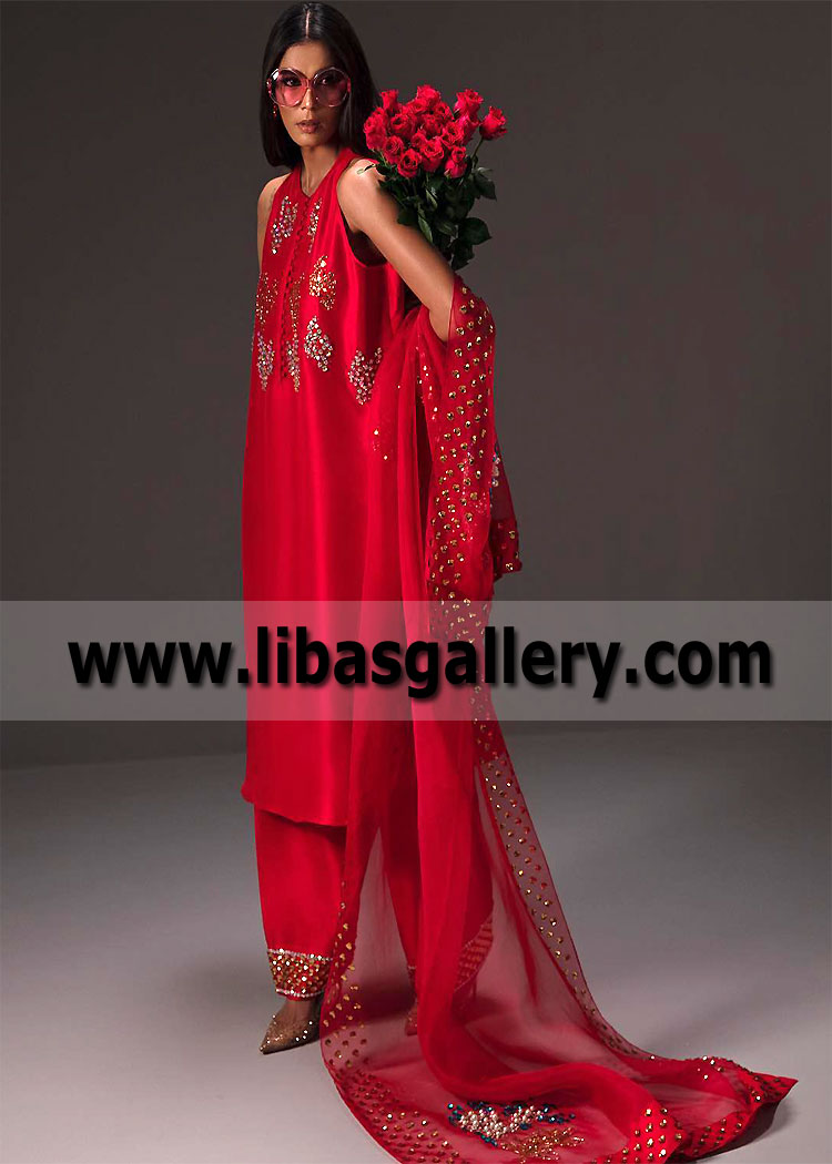 Imperial Red Lilium Party Wear Shalwar kameez
