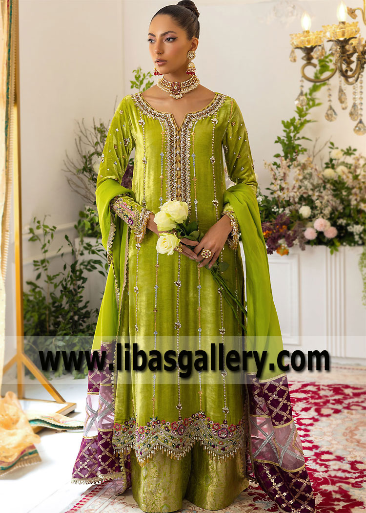Acid Green Laurel Party Wear Velvet Dress