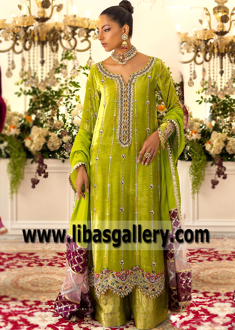 Acid Green Laurel Party Wear Velvet Dress