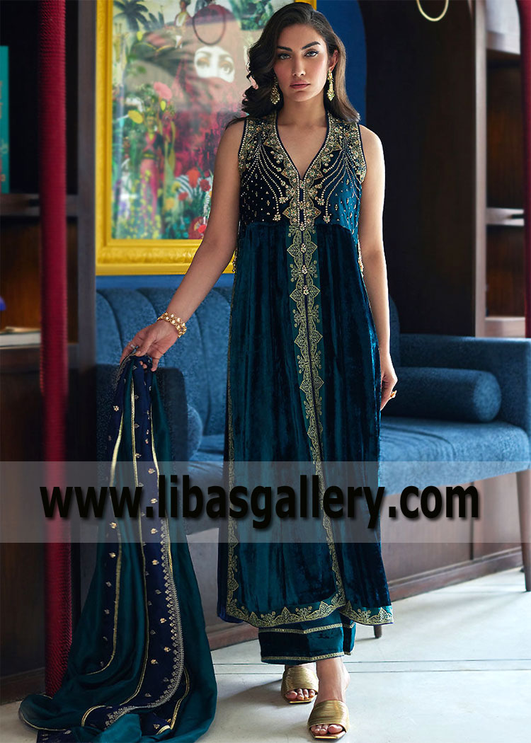 Deep Teal Mallow Velvet Formal Dresses Pakistan