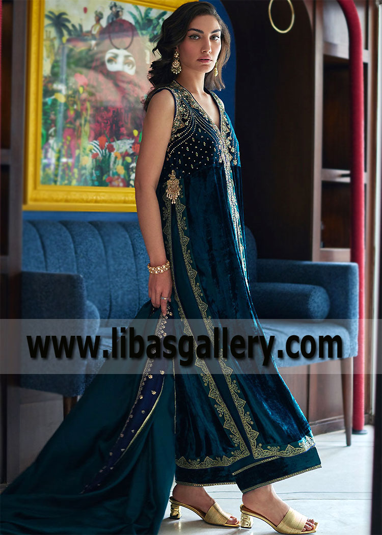 Deep Teal Mallow Velvet Formal Dresses Pakistan
