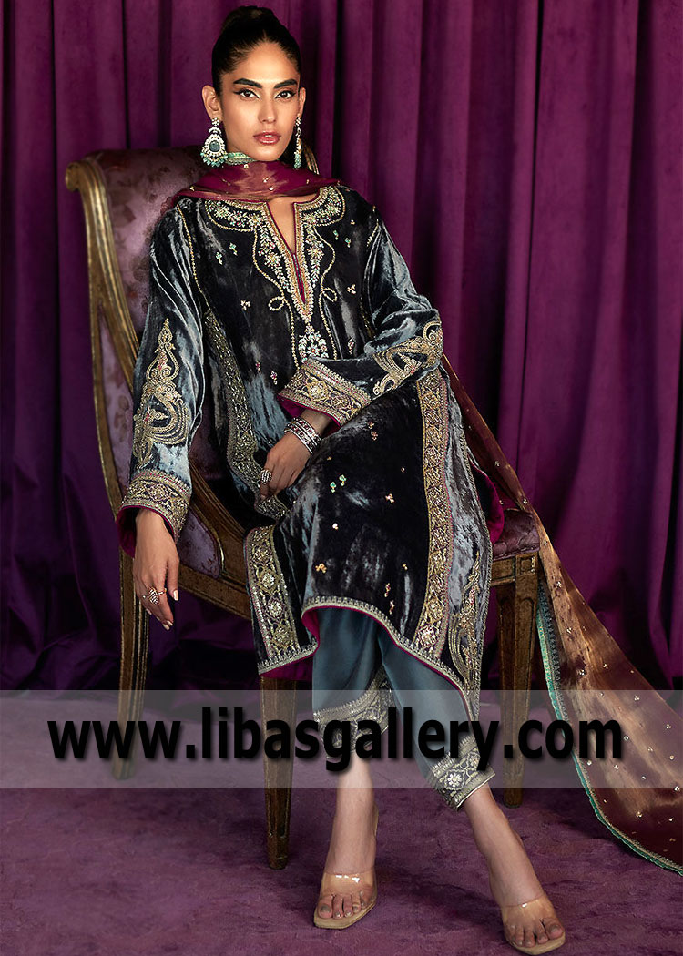Charcoal Fleur Velvet Shalwar Kameez