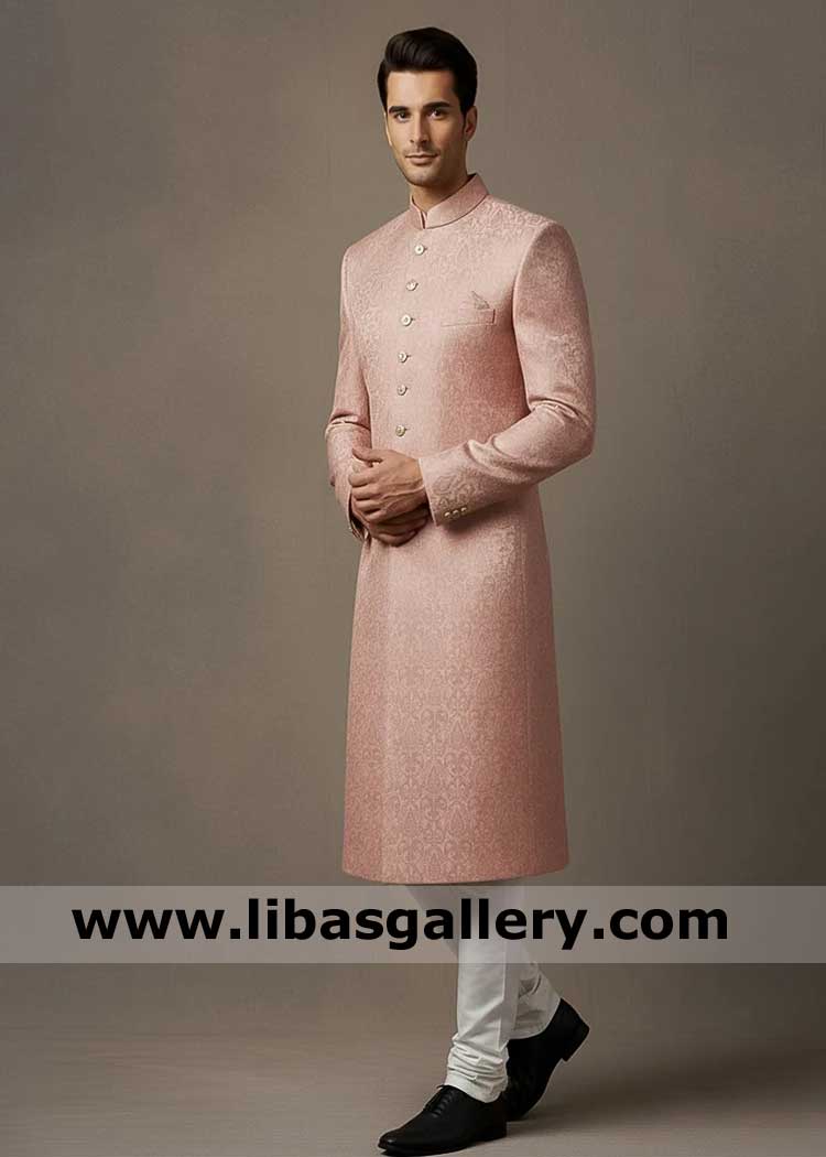 Premium Atlas Jamawar Pink Groom Sherwani