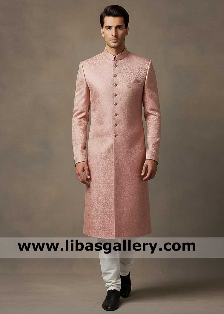 Premium Atlas Jamawar Pink Groom Sherwani