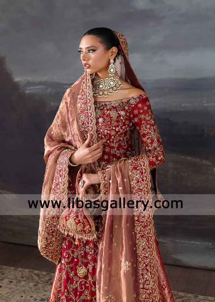 Bridal Red Peshwas Rust Farshi Gharara Pinkish Dupatta