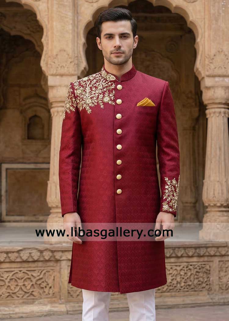 Royal Red Wedding Sherwani with Intricate Gold  Floral Embroidery