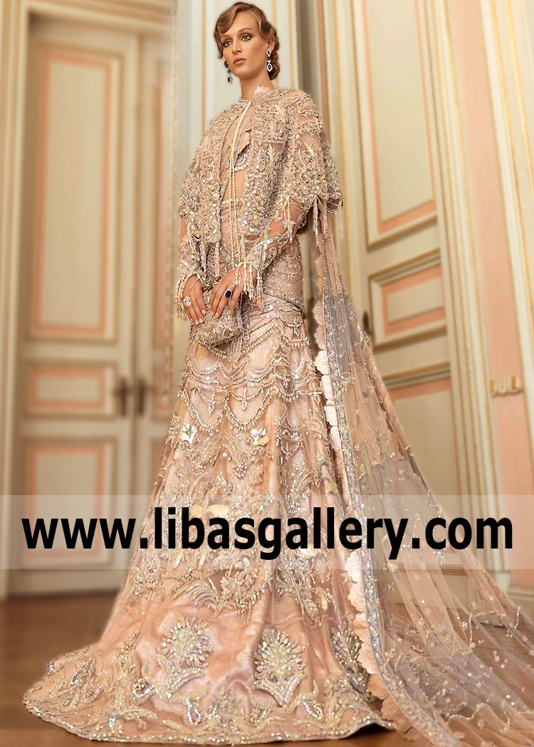 Striking Peach Pegasus Bridal Lehenga with Poncho Top