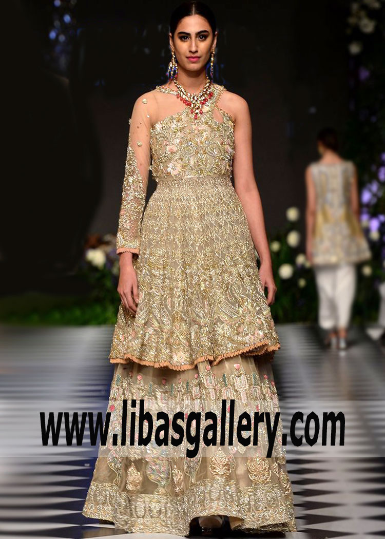 Gold Beige Most Exquisite Peplum Shirt Style with Gharara By Saira Shakira