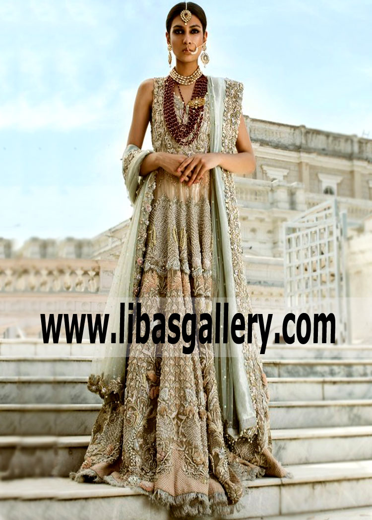Champagne Floor length Fringe Gota Lace Bridal Gown By Saira Shakira