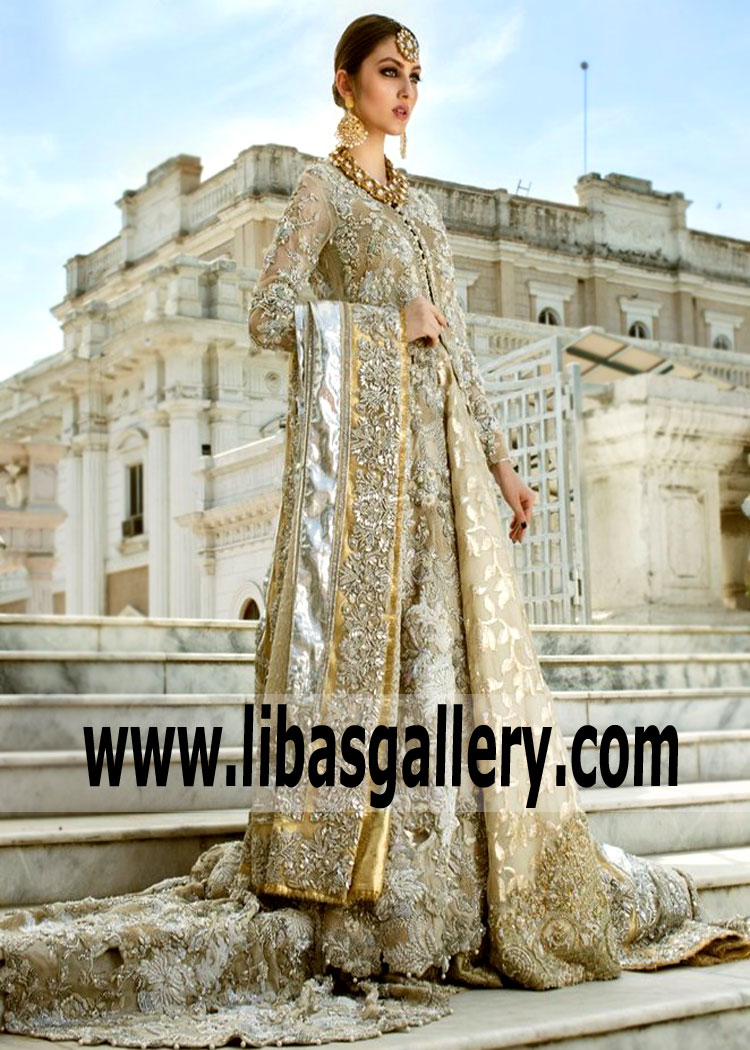 Ecru Anarkali Style Banarasi Organza Bridal Lehenga By Saira Shakira