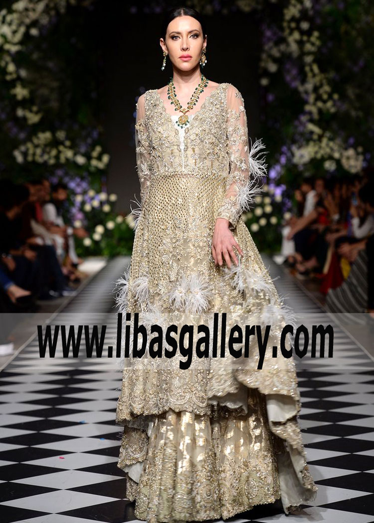 Khaki Gold Anarkali Lehenga Bridal By Saira Shakira