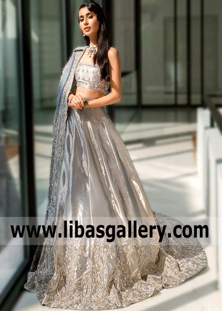 Steel Blue Emerson Bridal Jacket with Lehenga