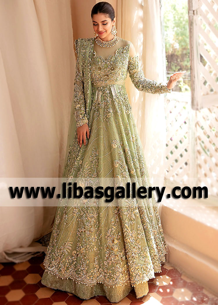 Pakistani Wedding Maxi Calgary Alberta Canada Wedding Lehenga Maxi in Pistachio Green Color