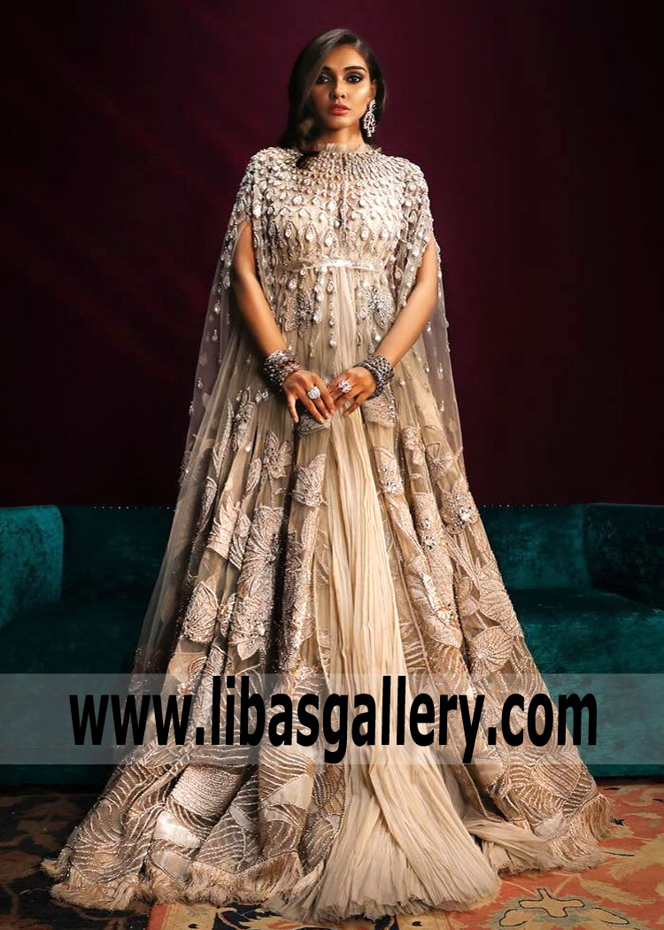 Ice Beige Tulle Net Long Cape Style Wedding Dress By Sana Safinaz