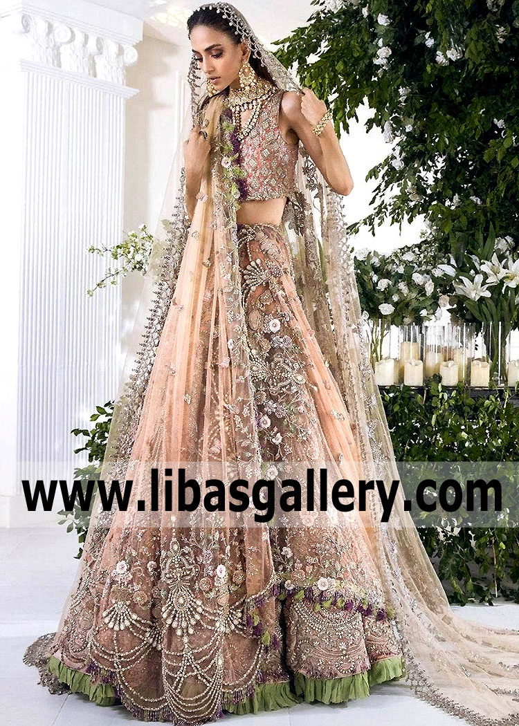 Salmon Pansy Bridal Lehenga for Walima