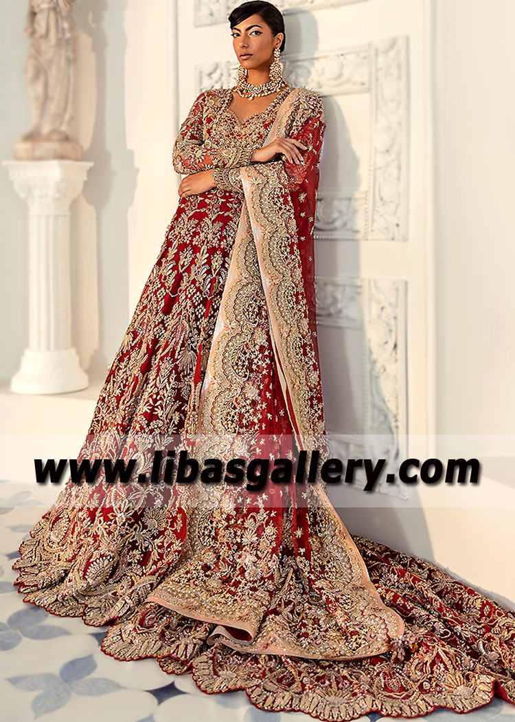Falu Red Donatella Bridal Anarkali Dress with Cathedral train