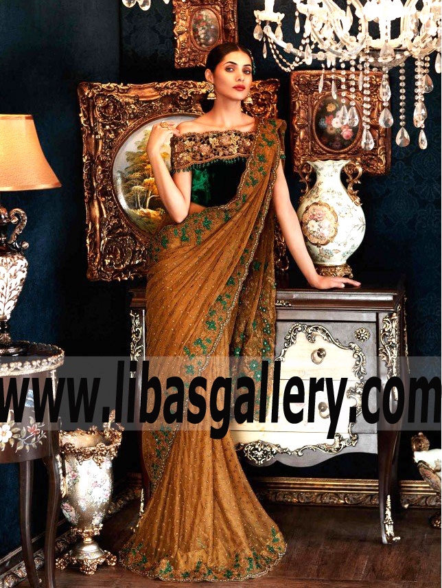 Majestic Bronze Godetias Designer Saree