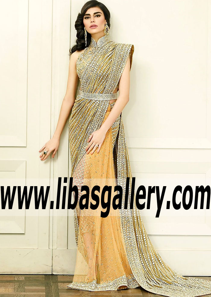 Gorgeous Imperial Amber Gold Hippeastrum Bridal Saree