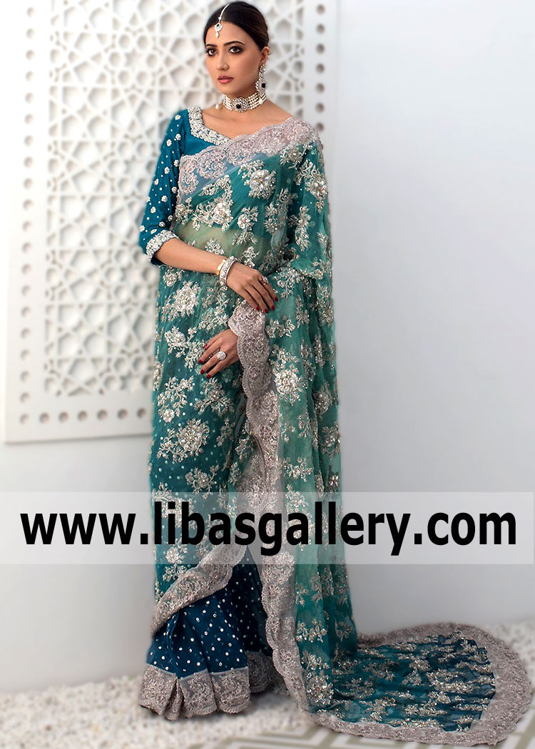 Teal Blue Iris Wedding Bridal Saree