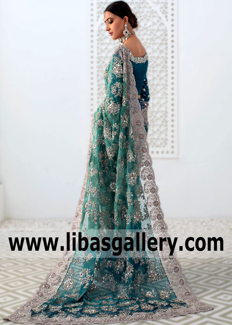 Teal Blue Iris Wedding Bridal Saree