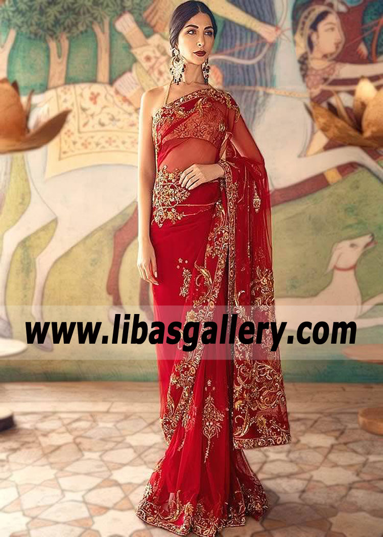 Pakistani Wedding Saree Saddle River New Jersey NJ USA Dark Red Wedding Saree for Wedding Events